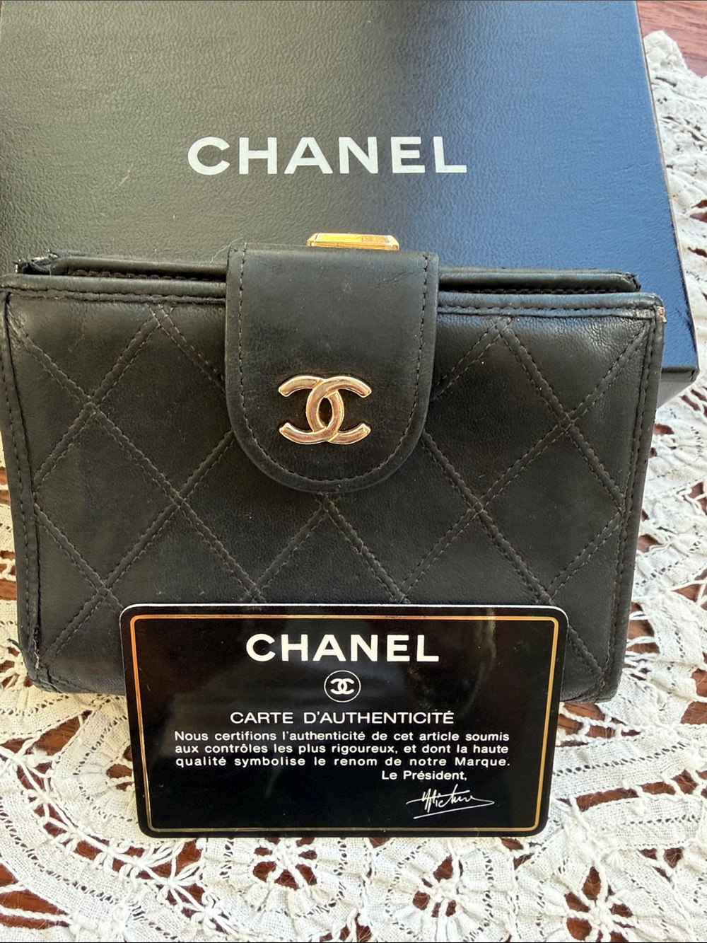 CHANEL Black Quilted Leather Compact Wallet with Gold CC Turn-Lock